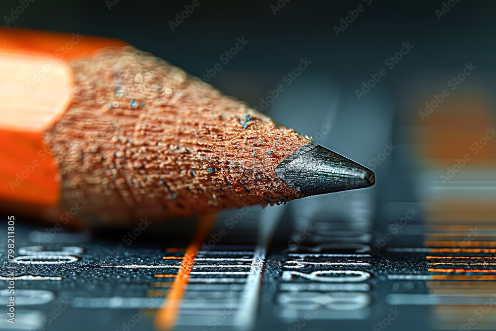 Poster a pencil with a black tip is on a black surface. the pencil is sharpened and has a pointy tip