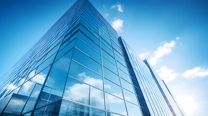 A modern skyscraper with blue glass windows