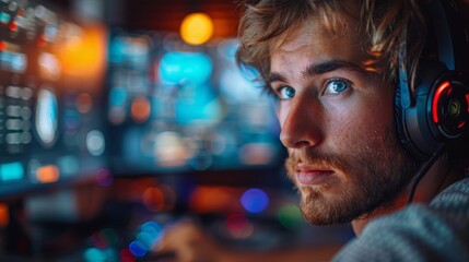 Man Wearing Headphones Looking at Computer Screen. Generative AI