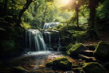 Waterfall in the forest vegetation landscape outdoors. - obrazy, fototapety, plakaty