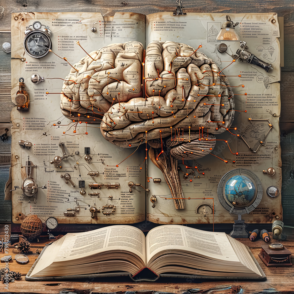 Poster a book featuring a brain on the cover, with a clock positioned on the left side, symbolizing the int