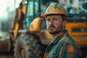 Portrait of a construction worker standing in front of a digger