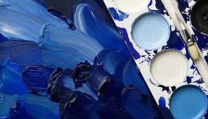 paint and brush in shades of blue, paint palette, smears