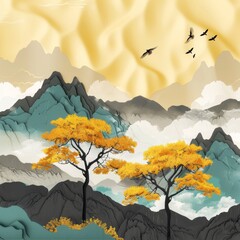landscape with mountains and clouds and trees in autumn