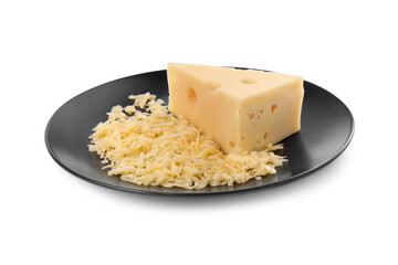 Grated cheese and piece of one isolated on white