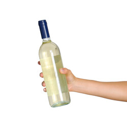 Hand hold white wine bottle isolated on transparent layered background.