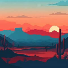 sunset over the desert cactus red sun background photo