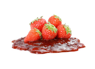 Strawberry fruits and jam isolated on transparent layered background. 