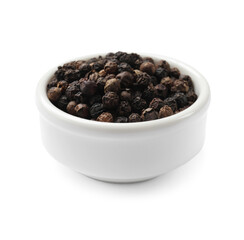 Aromatic spice. Many black peppercorns in bowl isolated on white