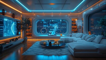 Fototapeta premium AI Home Command Center, futuristic living room with a centralized AI command center controlling all smart home devices. 