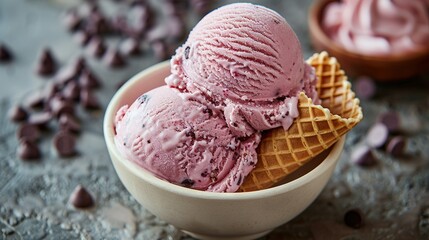   Two scoops of ice cream sit in a bowl, with chocolate chips scattering around the edges and beyond the rim