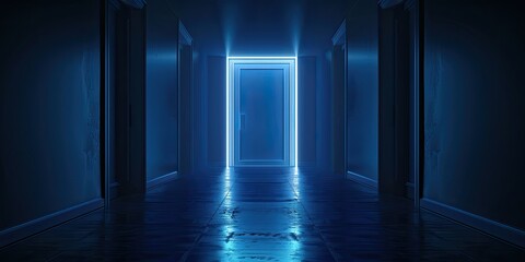 Portal to the Future: Elevator Door Enveloped in Vibrant Blue Neon