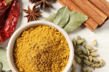 Curry powder in bowl and other spices on white wooden table, flat lay