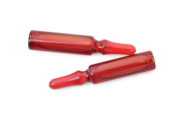 Glass ampoules with liquid isolated on white, top view