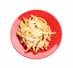 Delicious french fries with cheese sauce isolated on white, top view