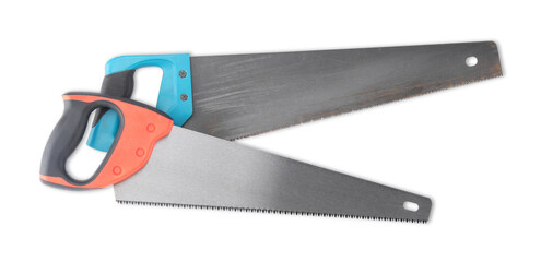 Saws with colorful handles isolated on white, top view