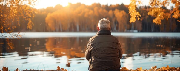 senior man contemplating life by a calm lake surrounded by autumn foliage, reflecting on memories.
