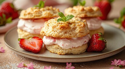 Obraz na płótnie Canvas A photo of a close-up plate of strawberry shortcakes with strawberries as a side