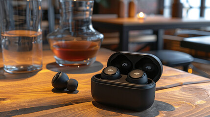 True Wireless Earphones A lifestyle image featuring true wireless earphones in a pocket-sized carrying case, demonstrating their cable-free design and portability,