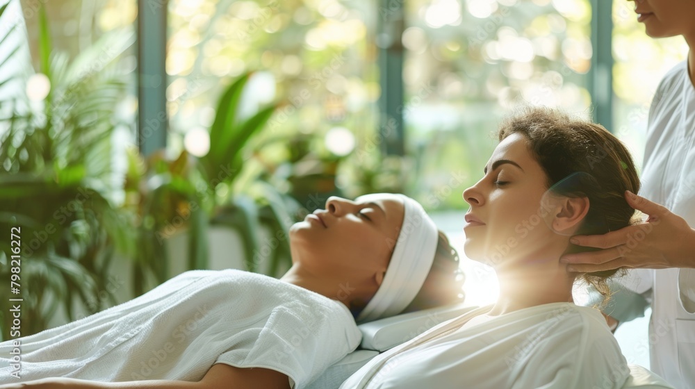 Poster two practitioners are working together one using an infrared sauna and the other performing reiki on