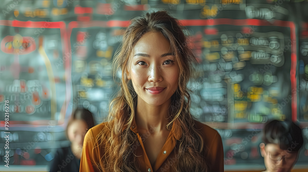 Aufkleber a girl is smiling in front of a chalkboard with numbers and letters on it. she is surrounded by othe