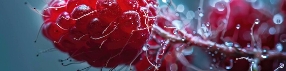 A panoramic view of ripe raspberries drenched in morning dew