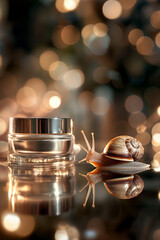 Luxurious golden face cream on a beautiful luxury background with a snail. Ingredient of the cream is snail slime extract. Moisturizing, anti-wrinkle and lifting face serum.