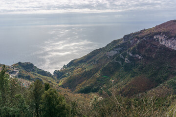 View of the rocky landscape at hiking trail Sentiero degli Dei or Path of the Gods along the Amalfi...