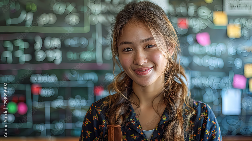 Aufkleber a girl is smiling in front of a chalkboard with numbers and letters on it. she is surrounded by othe