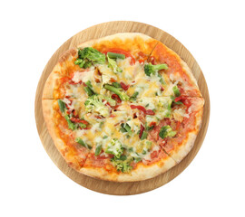 Board with delicious vegetarian pizza isolated on white, top view