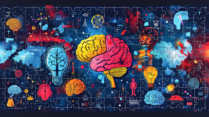 A colorful puzzle of brains and other objects with a tree in the middle. The puzzle is a representation of the human brain and its connections to other parts of the body. Scene is one of curiosity