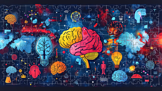 A colorful puzzle of brains and other objects with a tree in the middle. The puzzle is a representation of the human brain and its connections to other parts of the body. Scene is one of curiosity