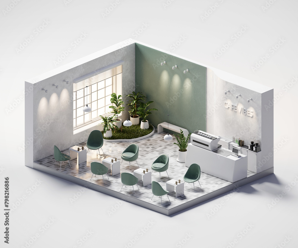 Poster isometric view cafe store open inside interior architecture, 3d rendering.
