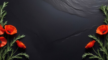 Banner for Memorial Day and Anzac Day. On a black granite background lie red poppy flowers and rosemary branches. Space for text