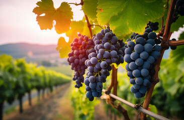 Lush grape clusters hanging from vines in a vineyard. Sunlit agricultural landscape. Organic...