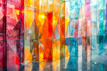 Array of colorful translucent geometric glass panels showcasing a play of light and texture