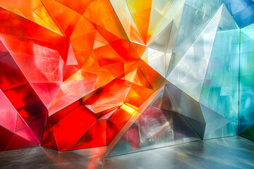 Intricate layers of colorful translucent geometric shapes creating a visually captivating abstract pattern