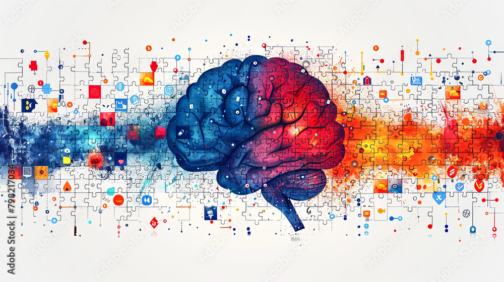 Poster a colorful brain with a red and blue section. the brain is surrounded by a colorful background with 
