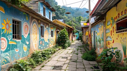 Fototapeta na wymiar A charming village alleyway adorned with vibrant murals depicting local folklore and traditions, with laundry fluttering in the breeze overhead.