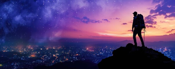 Fototapeta premium A lone traveler stands atop a mountain, gazing into a vast starry night sky, overlooking a cityscape below.