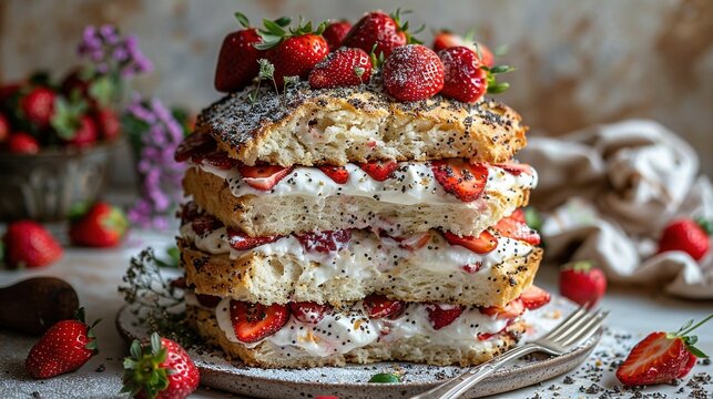   A strawberry shortcake tower with fresh fruit on white dish