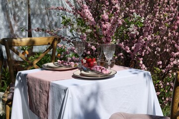 Stylish table setting with beautiful spring flowers in garden