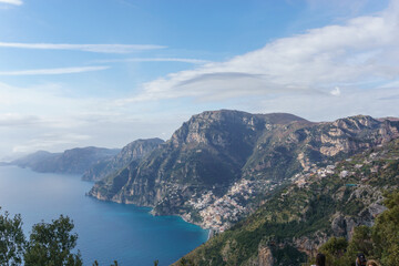 Fototapeta na wymiar View of the rocky landscape at hiking trail Sentiero degli Dei or Path of the Gods along the Amalfi Coast, Province of Salerno, Campania, Italy