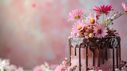 A close-up shot of a decadent chocolate birthday cake, drizzled with pastel-colored ganache and...