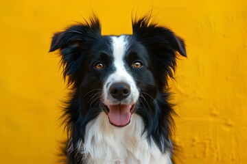 Fototapeta premium A black and white dog with his tongue out and his eyes open with a yellow background and a black