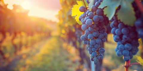 Lush grape clusters hanging from vines in a vineyard. Sunlit agricultural landscape. Organic...