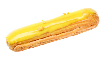 Delicious eclair covered with yellow glaze isolated on white