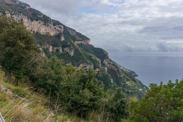 View of the rocky landscape at hiking trail Sentiero degli Dei or Path of the Gods along the Amalfi Coast, Province of Salerno, Campania, Italy