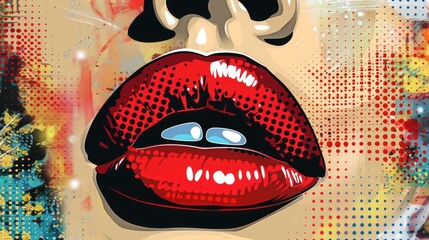 Girl's face with red lips in pop art and in watercolor style with dots. Mixed magazine media design. Bright colors.