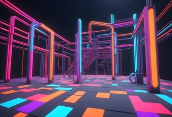 Glowing Neon Maze: Explore a 3D Labyrinth in Vibrant Colors - obrazy, fototapety, plakaty